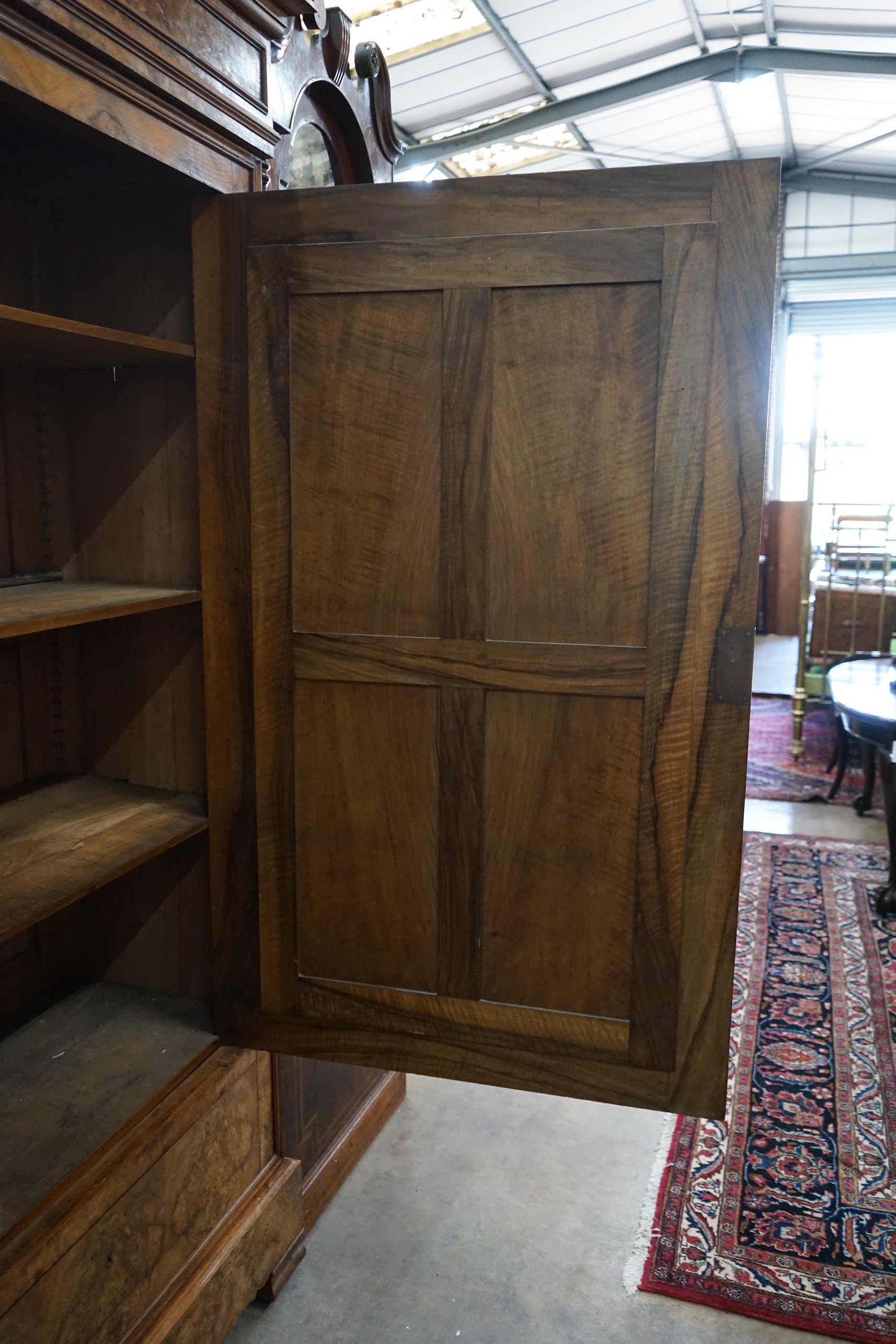 A 19th century French burr walnut mirrored armoire, width 116cm, depth 54cm, height 224cm